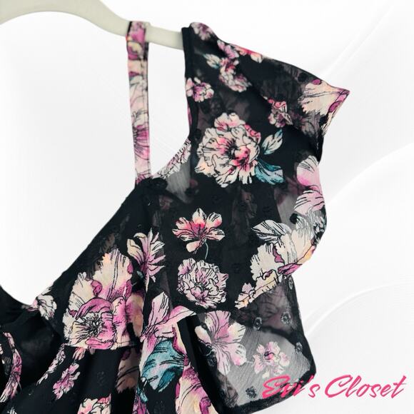 Torrid Black Pink Floral Chiffon Sz 18/20 Cold Shoulder Short Sleeve Top - Picture 5 of 9